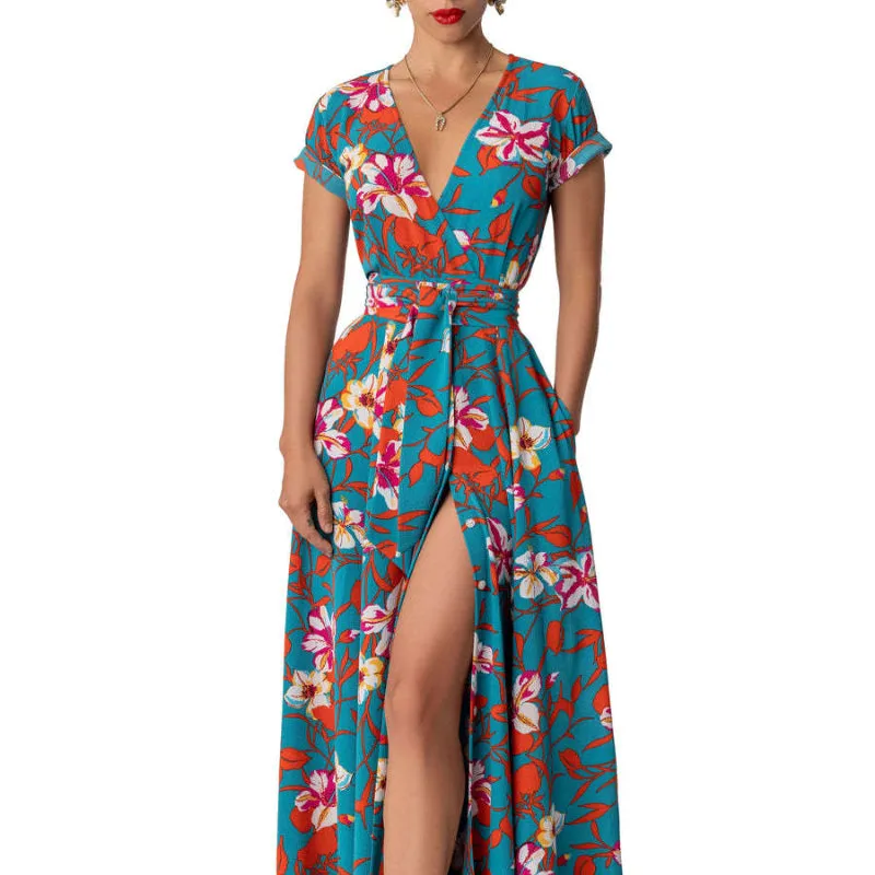 New Fashionable Sexy Girl's Printed Belted Slit Dress