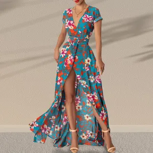 New Fashionable Sexy Girl's Printed Belted Slit Dress