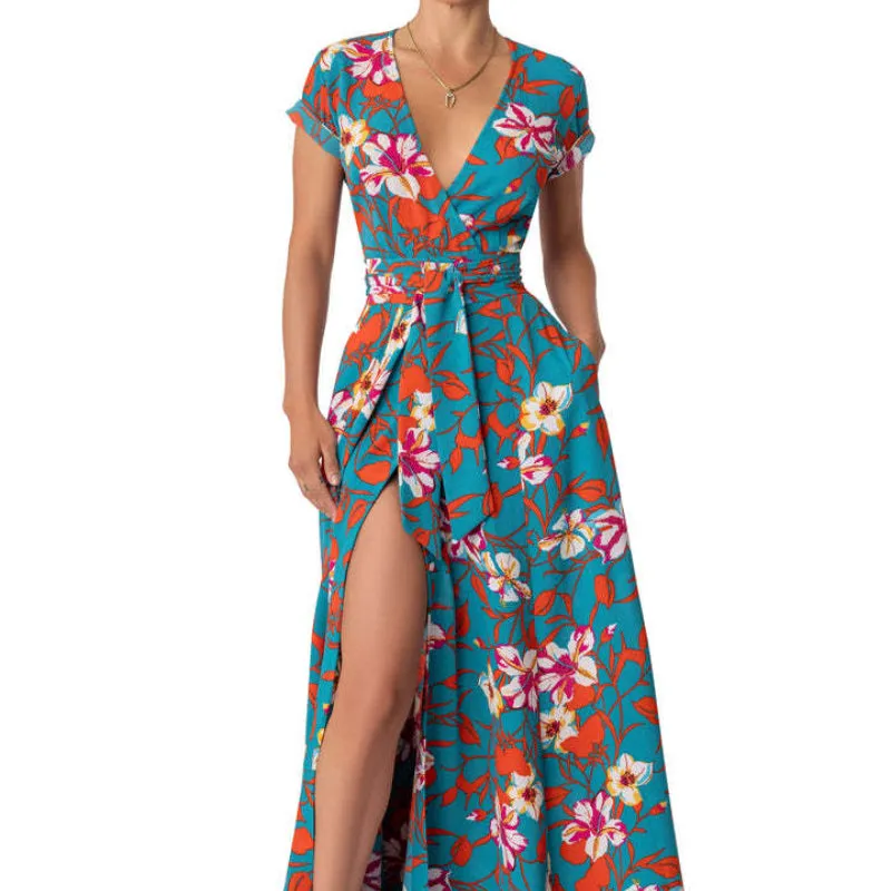New Fashionable Sexy Girl's Printed Belted Slit Dress