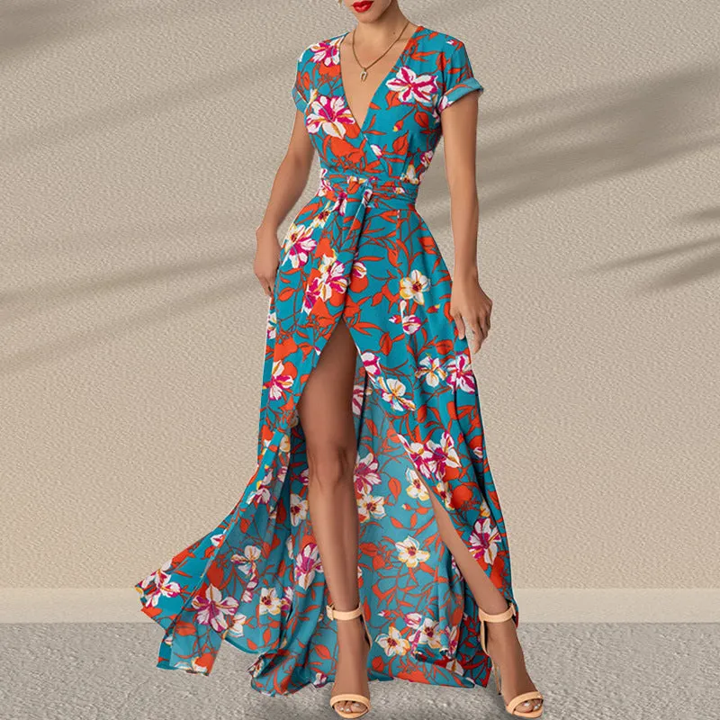 New Fashionable Sexy Girl's Printed Belted Slit Dress
