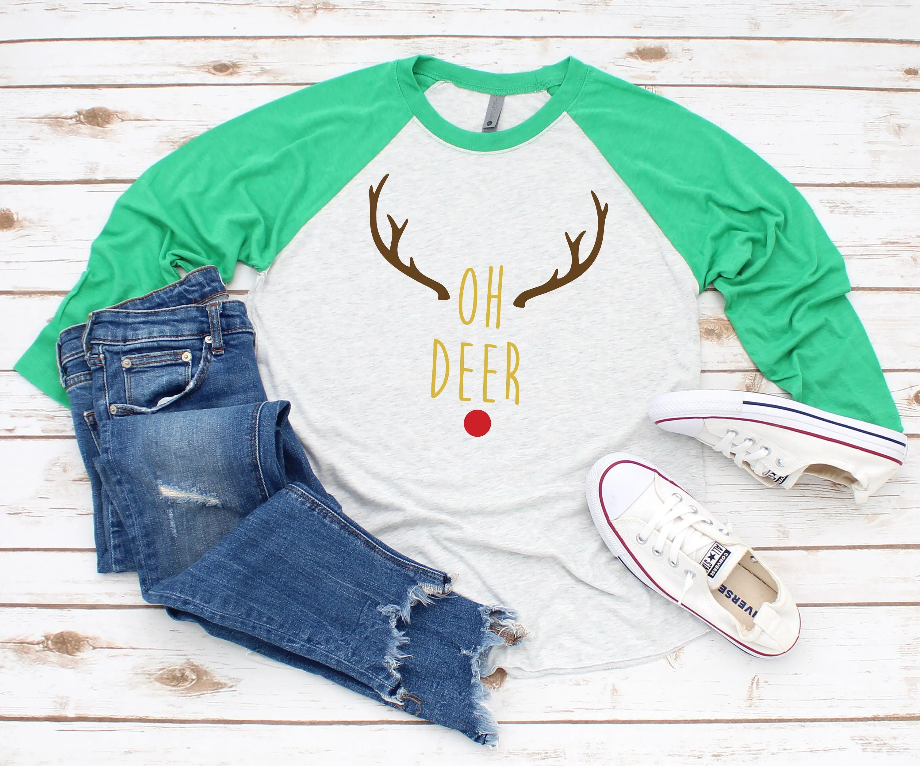 Oh Deer Christmas T-Shirt | X-Mas Raglan T Shirt | Funny Christmas Reindeer 3/4 sleeve Holiday Shirt