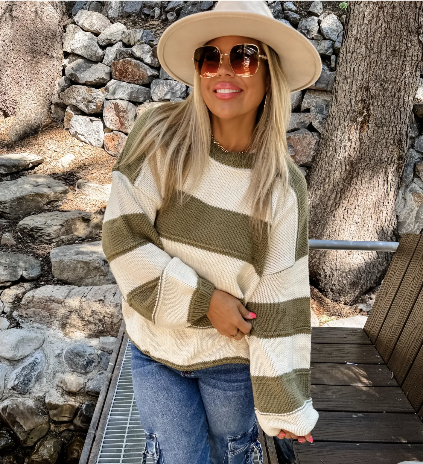 Olive & Ivory Stripe Knit Sweater