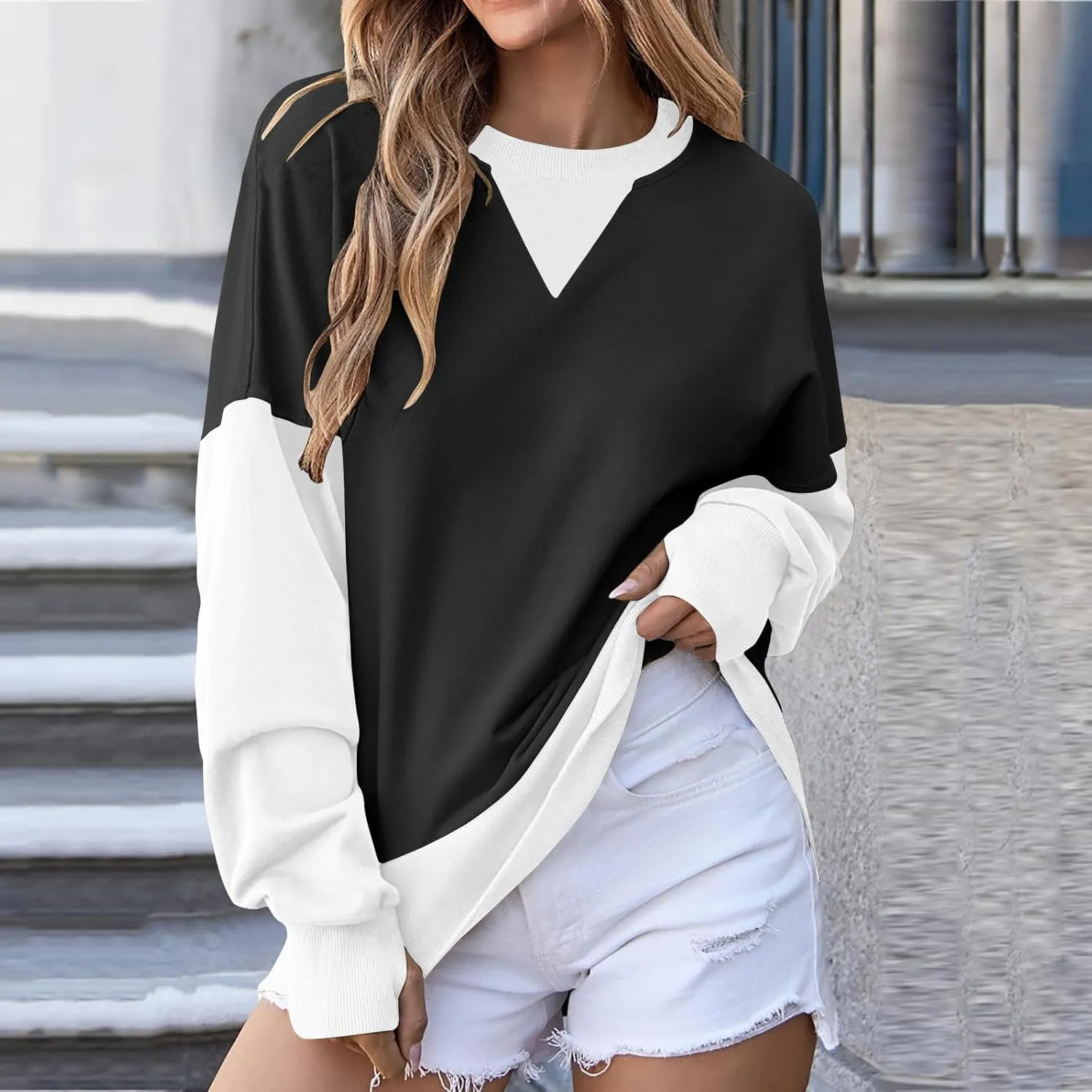 Oversized Sweatshirt for Women Fall Crewneck Splicing Color Tops Long Sleeve Fashion Soft Pullover Sweaters Clothes