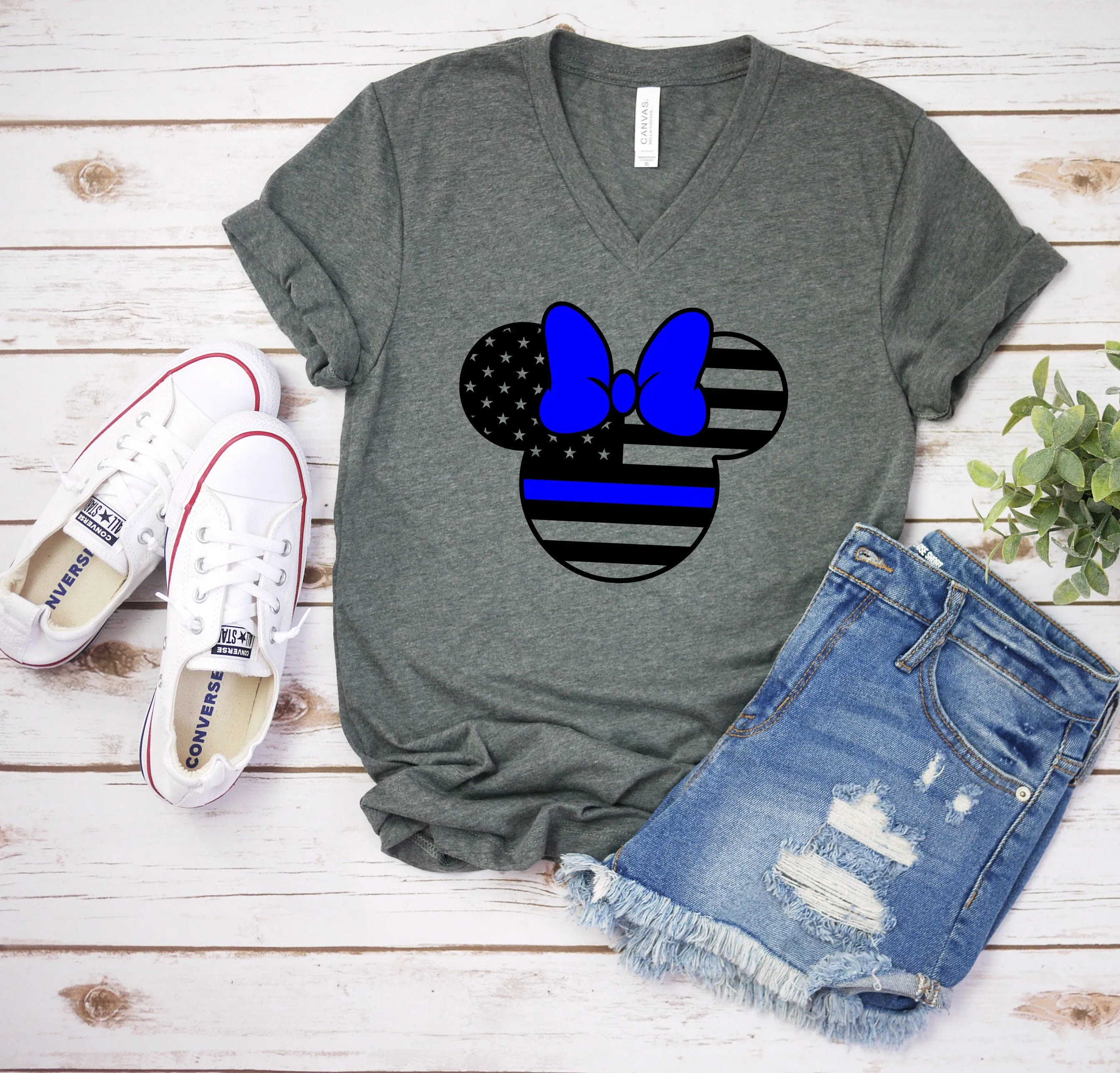 Police Minnie Mouse T Shirt -Blue Line - Front Line - Officer - Adult Disney Shirt