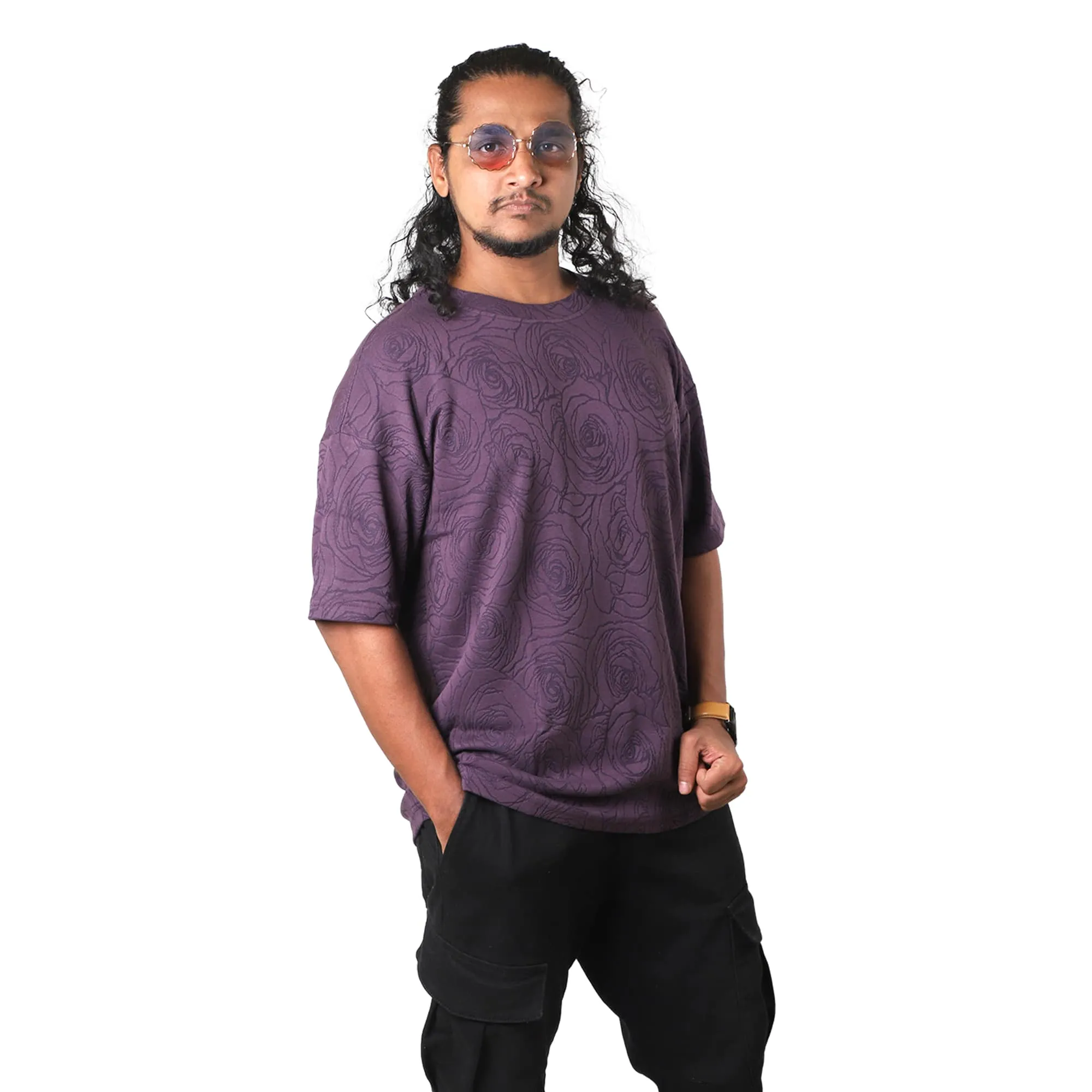 Purple Rose Embossed Drop Shoulder T-Shirt