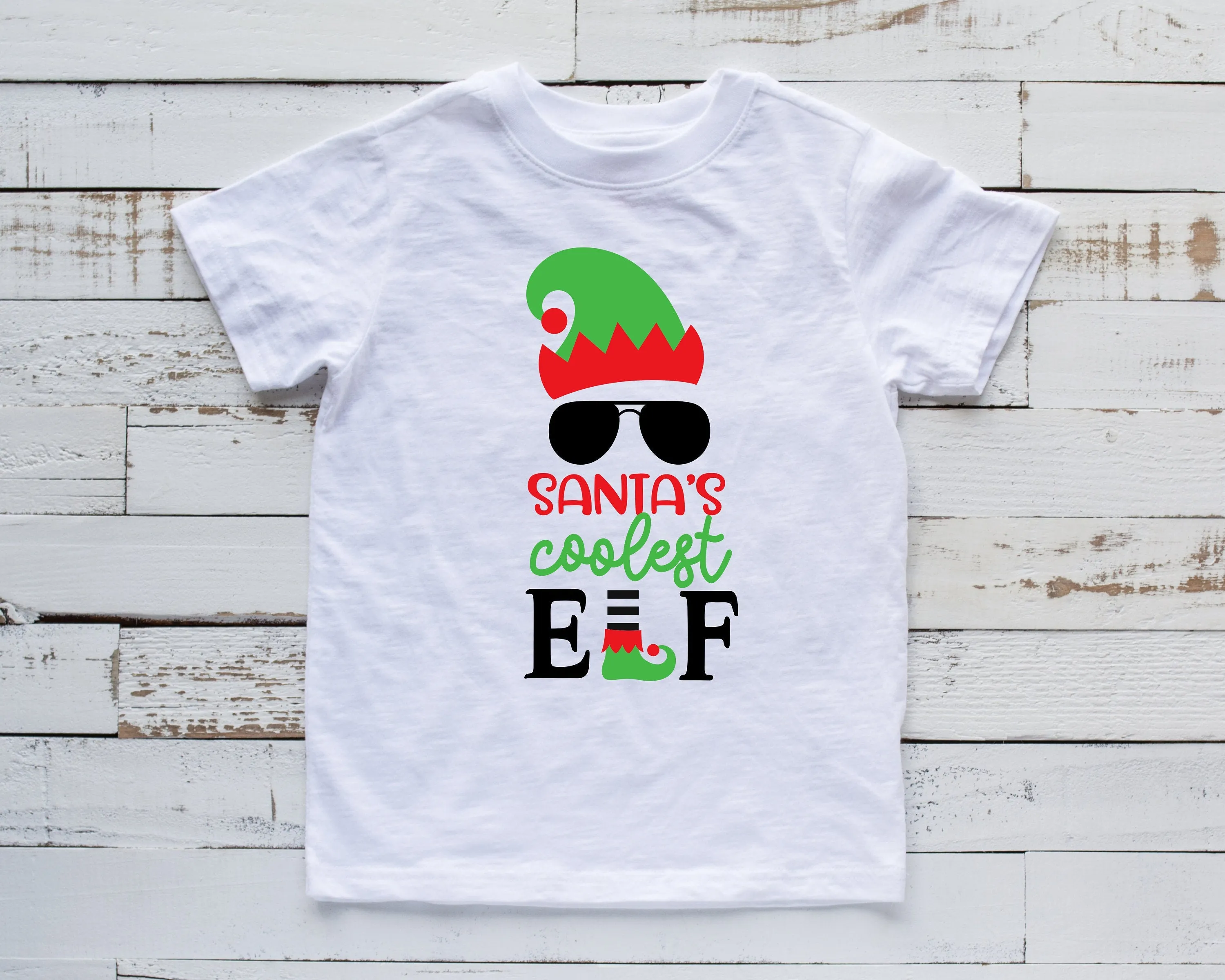 Santa's Coolest Elf Kids Christmas Shirt - Youth Funny Christmas Elf Shirt - Cool Elf with Aviator Sunglasses Holiday Shirt