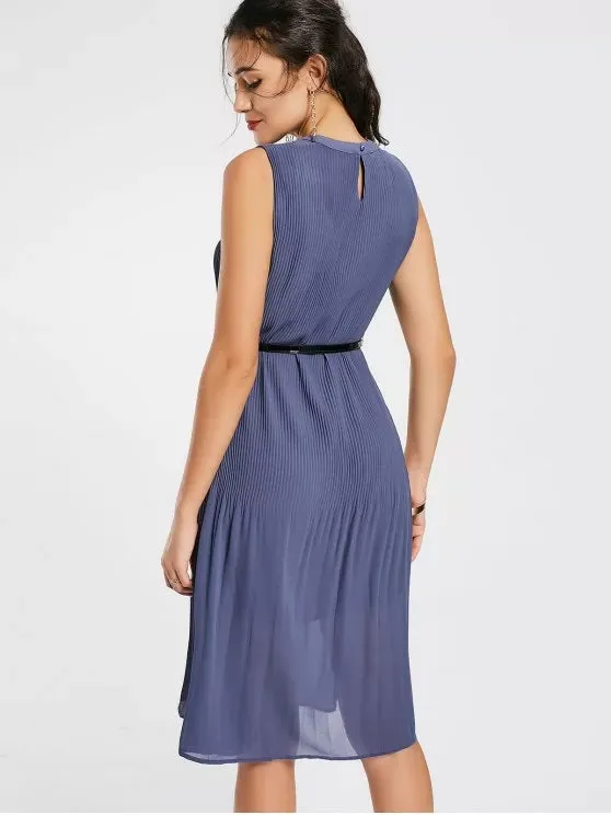 TastyHottie - Trendy Pleated Panel Belted Chiffon Dress