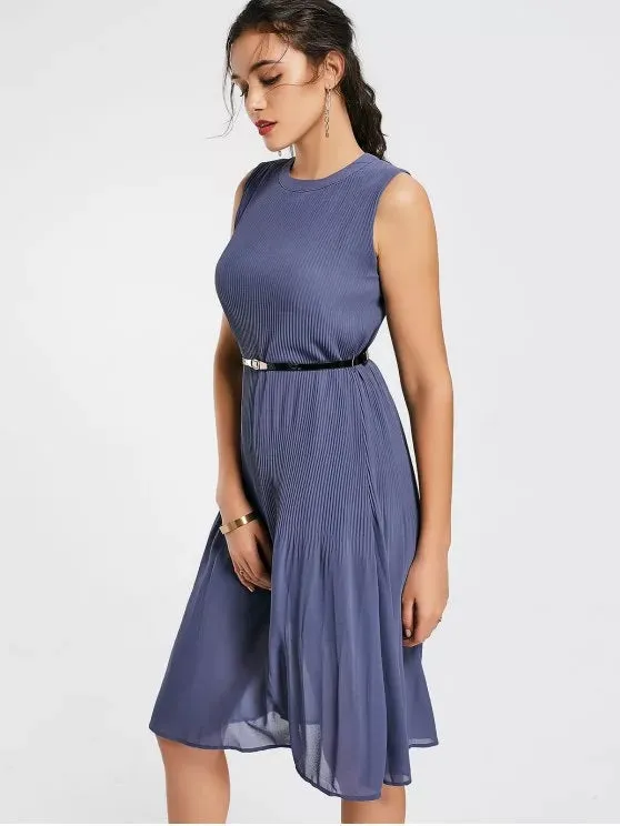 TastyHottie - Trendy Pleated Panel Belted Chiffon Dress
