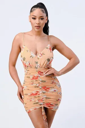 TRENDY FLORAL FRONT SHIRRING BODYCON DRESS
