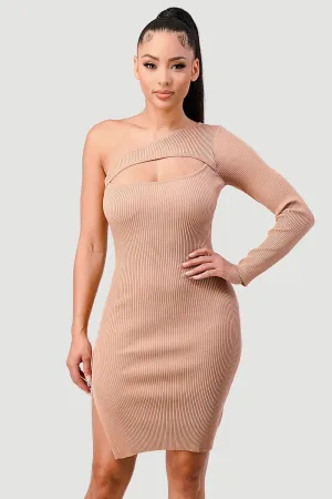 TRENDY RIBBED ONE SHOULDER CUT-OUT BODYCON DRESS