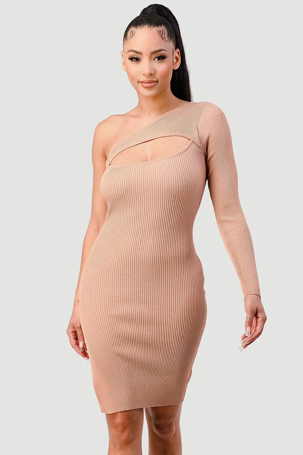 TRENDY RIBBED ONE SHOULDER CUT-OUT BODYCON DRESS