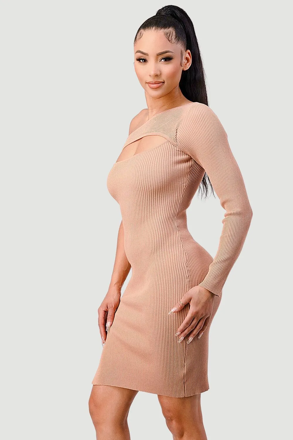 TRENDY RIBBED ONE SHOULDER CUT-OUT BODYCON DRESS