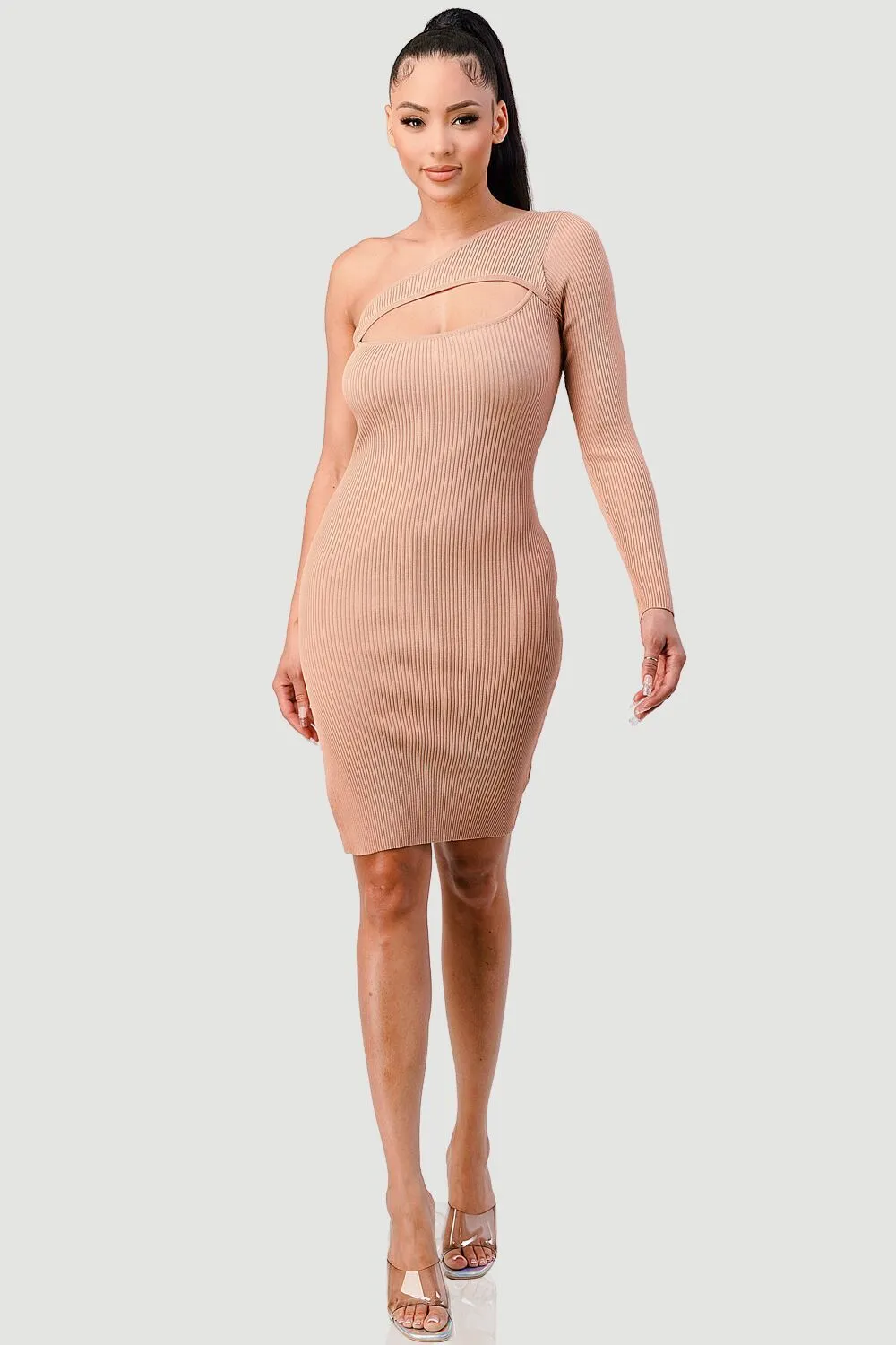 TRENDY RIBBED ONE SHOULDER CUT-OUT BODYCON DRESS