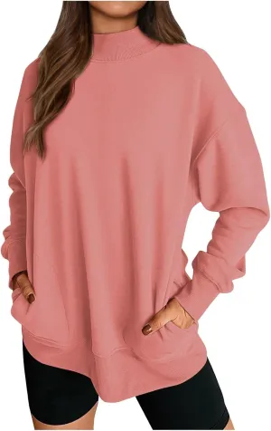 Trendy Sweatshirt for Women with Pockets Stretchy Mock Neck Tops Drop Shoulder Solid Color Pullover Hoodie Y2K