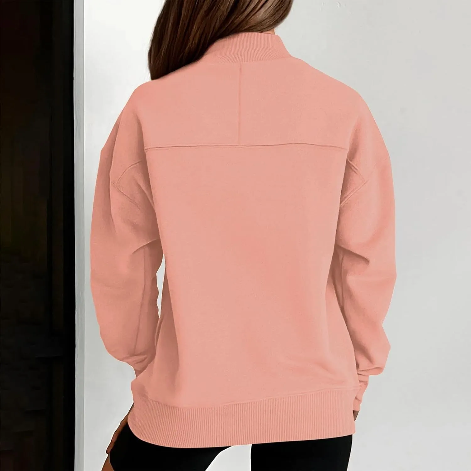 Trendy Sweatshirt for Women with Pockets Stretchy Mock Neck Tops Drop Shoulder Solid Color Pullover Hoodie Y2K