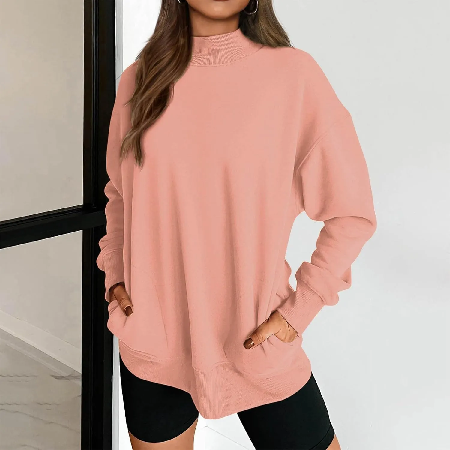 Trendy Sweatshirt for Women with Pockets Stretchy Mock Neck Tops Drop Shoulder Solid Color Pullover Hoodie Y2K