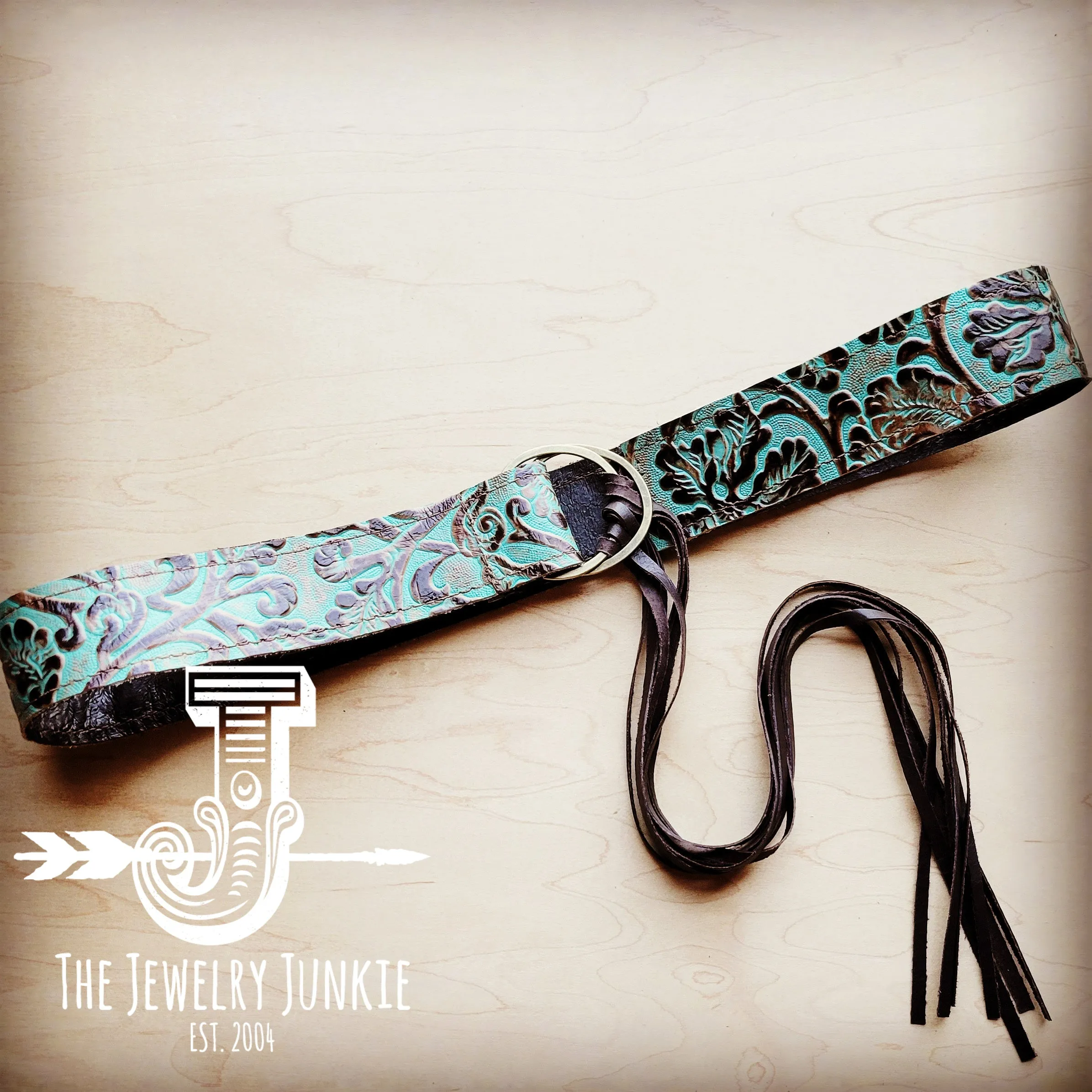 Turquoise Cowboy Leather Belt with Leather Fringe Closure 905c