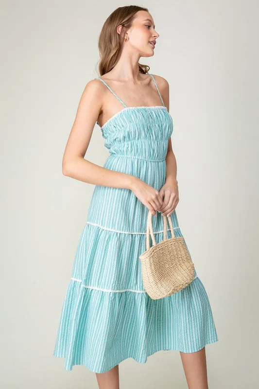 Turquoise Sleeveless Halter Neck Stripe Tiered Midi Dress