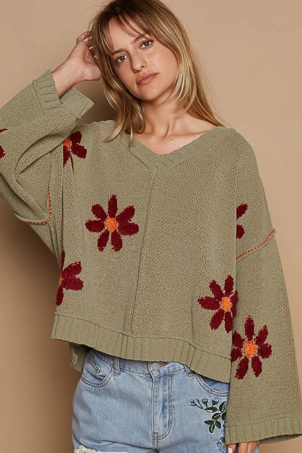 V-Neck Floral Pattern Chenille Sweater in Olive