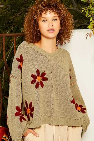 V-Neck Floral Pattern Chenille Sweater in Olive