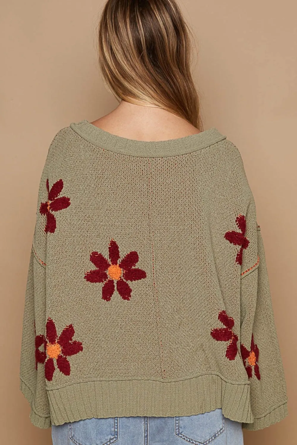 V-Neck Floral Pattern Chenille Sweater in Olive