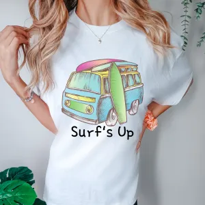 Vintage Surf's Up Summer Comfort Colors® Unisex T-shirt, Vintage Van Design, Pretty Spring or Summer Colors, Retro Van with Surfboards Tee
