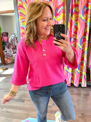 Waffle Weave Button Top in Hot Pink
