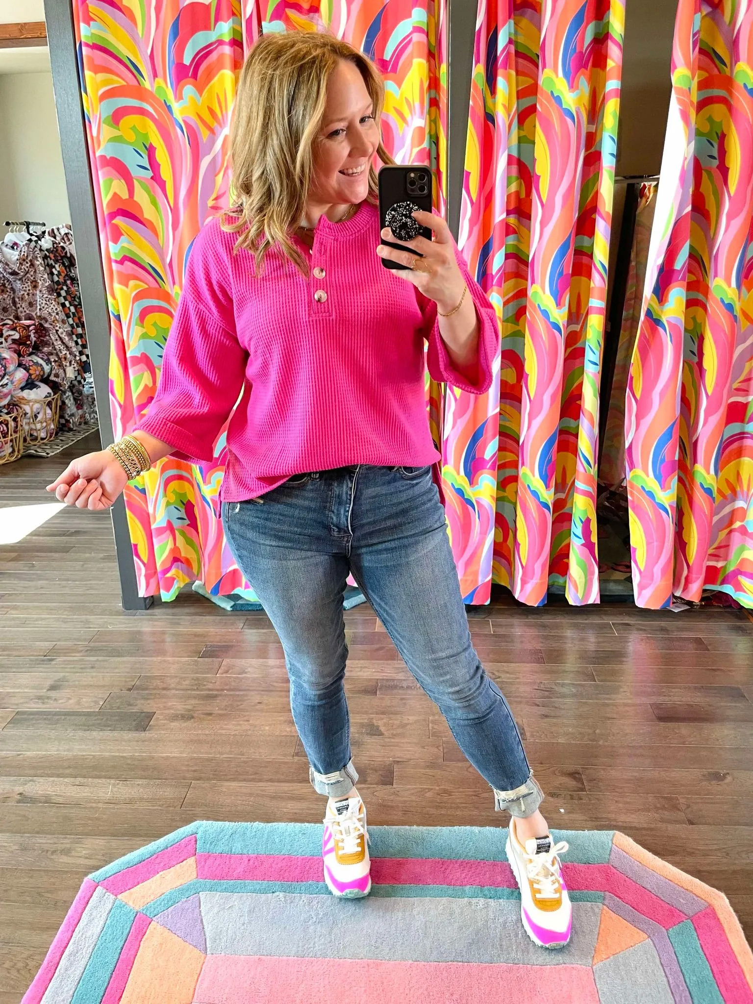 Waffle Weave Button Top in Hot Pink