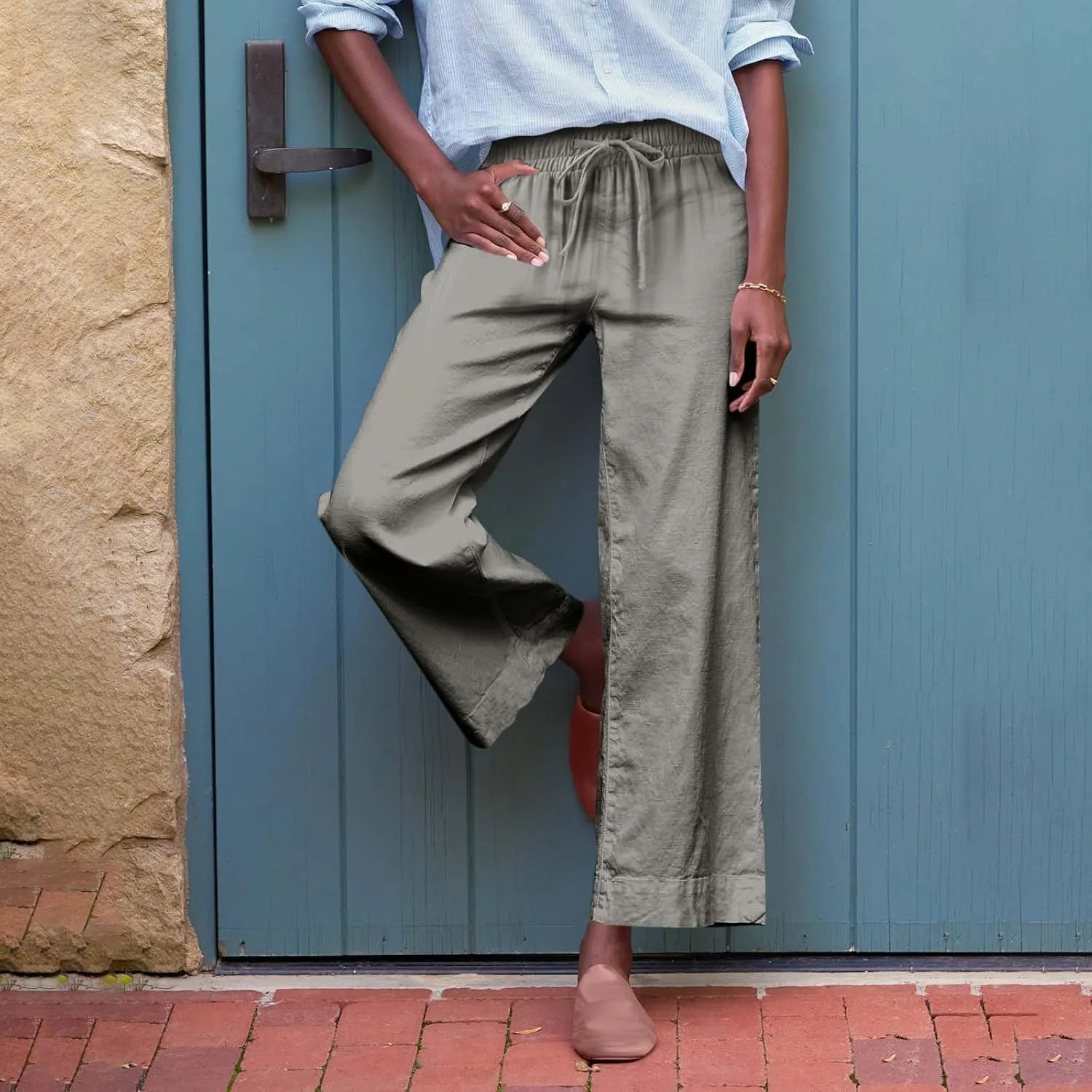 Wide Leg Linen Pants Woman Elastic High Waist Cropped Slacks Trendy Summer Business Casual Work Lounge Trouser Pockets