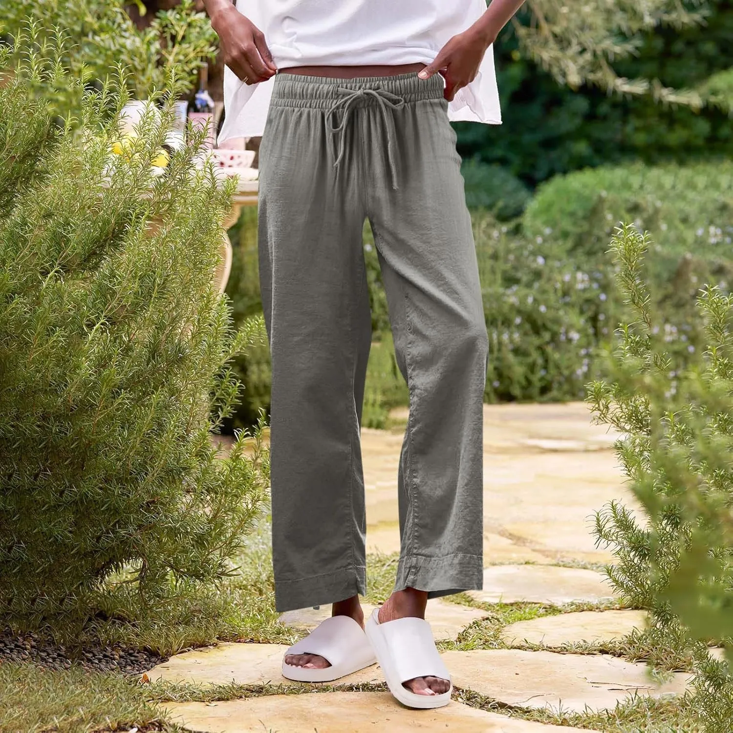 Wide Leg Linen Pants Woman Elastic High Waist Cropped Slacks Trendy Summer Business Casual Work Lounge Trouser Pockets