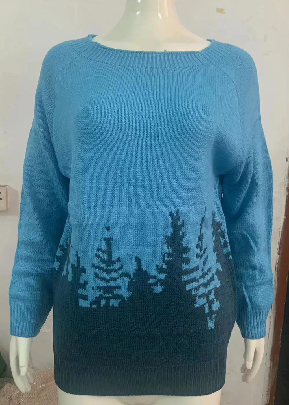 Women Peacock Blue O Neck Cozy Knit Sweaters Fall QA012