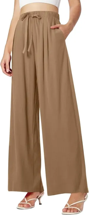 Women Summer Elastic High Waisted Linen Palazzo Pants Wide Leg Long Ruched Joggers Pant Trousers with Pocket