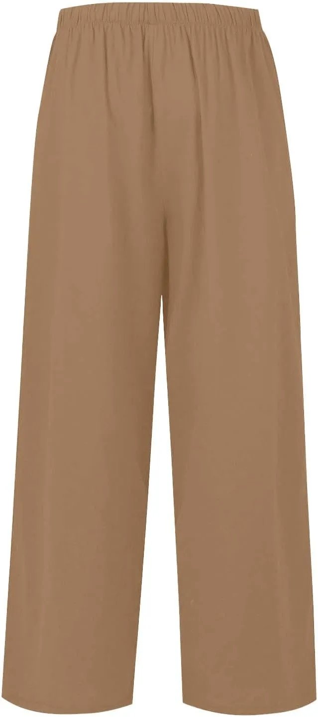 Women Summer Elastic High Waisted Linen Palazzo Pants Wide Leg Long Ruched Joggers Pant Trousers with Pocket