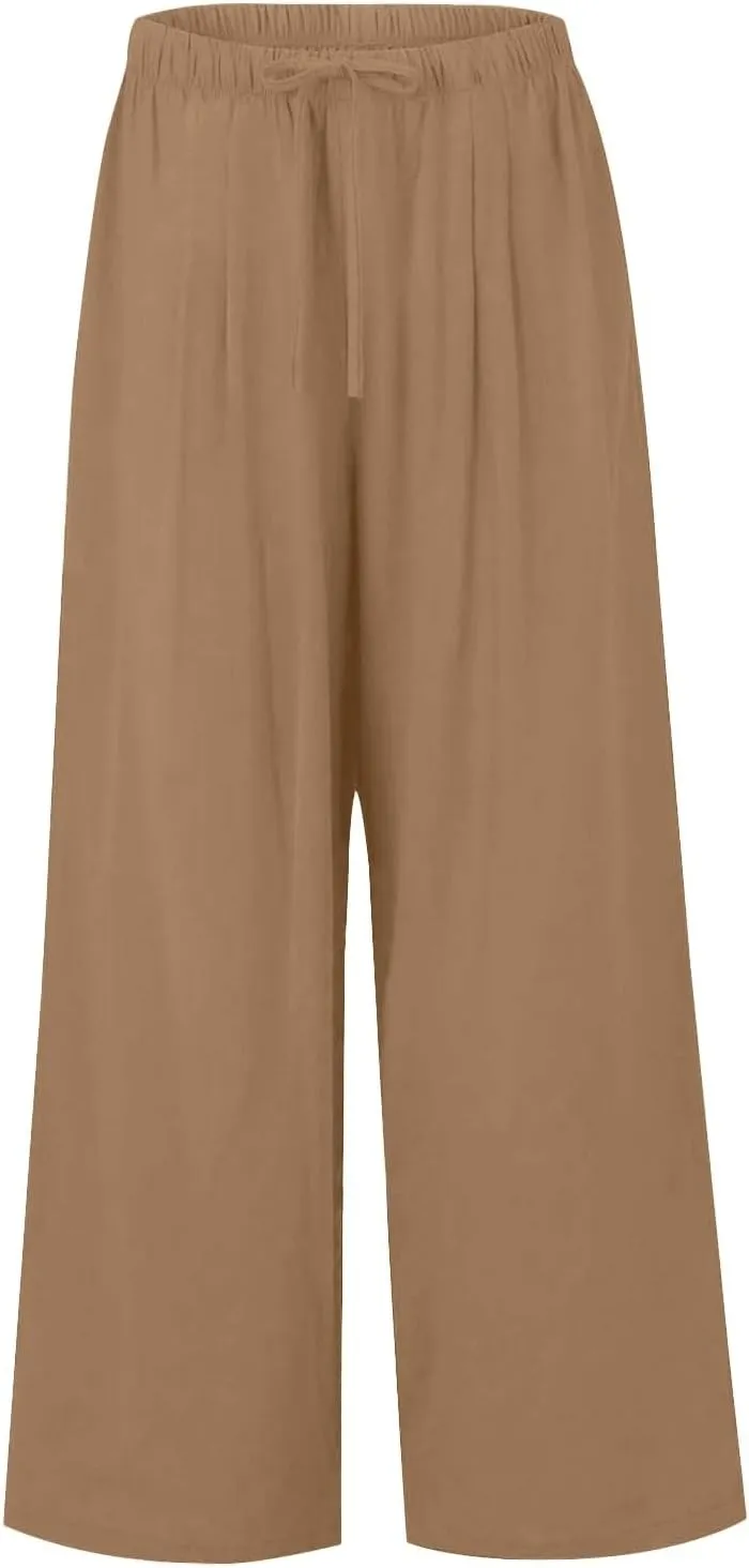 Women Summer Elastic High Waisted Linen Palazzo Pants Wide Leg Long Ruched Joggers Pant Trousers with Pocket