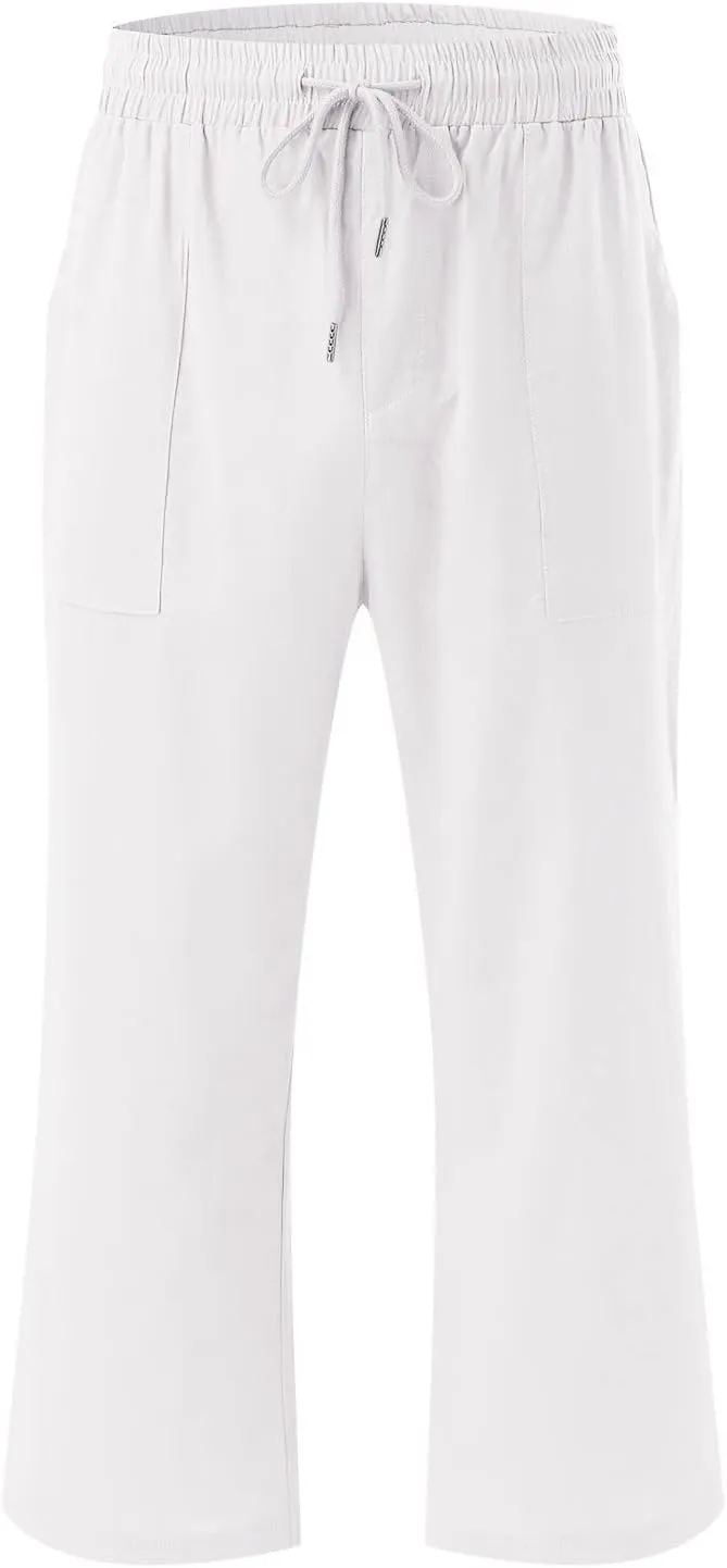 Women's Capris Summer Cotton Linen Pants Casual 2025 Wide Leg Elastic Waisted Cropped Trousers Beach Pants