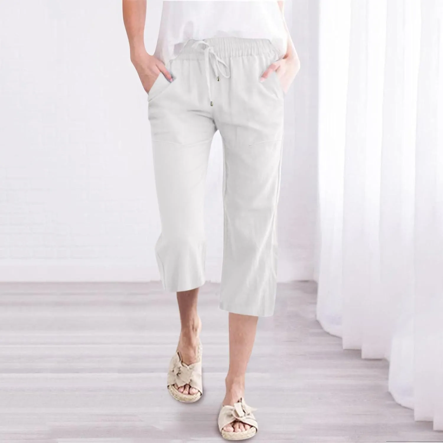 Women's Capris Summer Cotton Linen Pants Casual 2025 Wide Leg Elastic Waisted Cropped Trousers Beach Pants