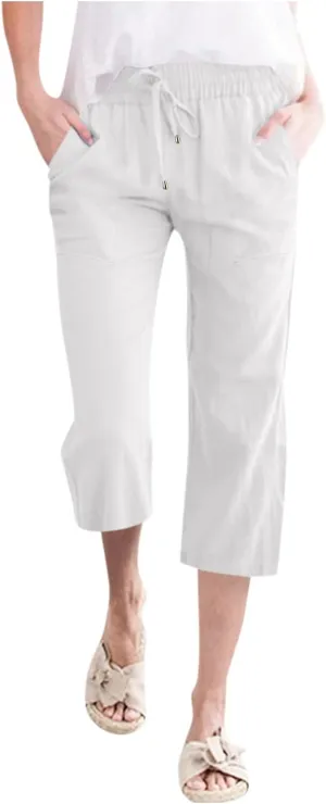 Women's Capris Summer Cotton Linen Pants Casual 2025 Wide Leg Elastic Waisted Cropped Trousers Beach Pants