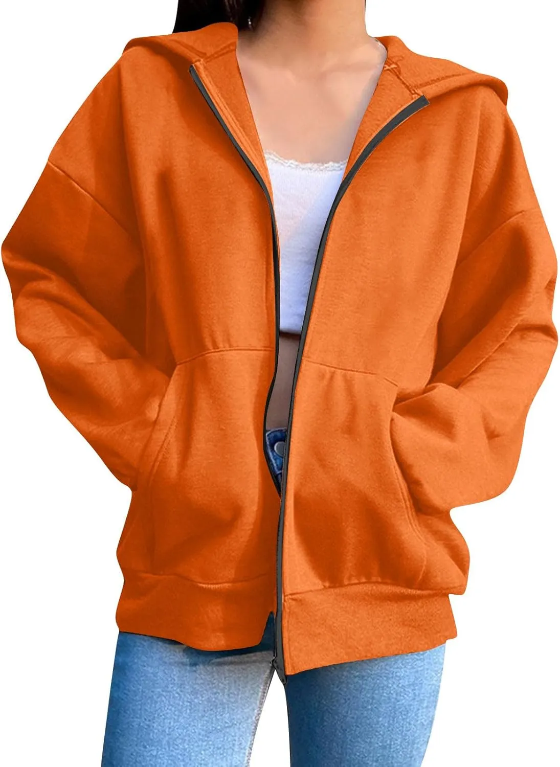 Womens Fall Hoodies Pullover Full Zip Up Jacket Casual Long Sleeve Hooded Sweatshirt with Pockets Fall Oversized Tops