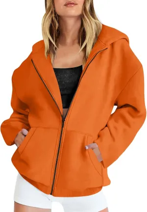 Womens Fall Hoodies Pullover Full Zip Up Jacket Casual Long Sleeve Hooded Sweatshirt with Pockets Fall Oversized Tops