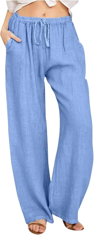 Womens Linen Pants Casual Summer Loose Fit Solid Color Boho Plus Size High Waist Linen Pants Cotton Comfy Lounge Trousers
