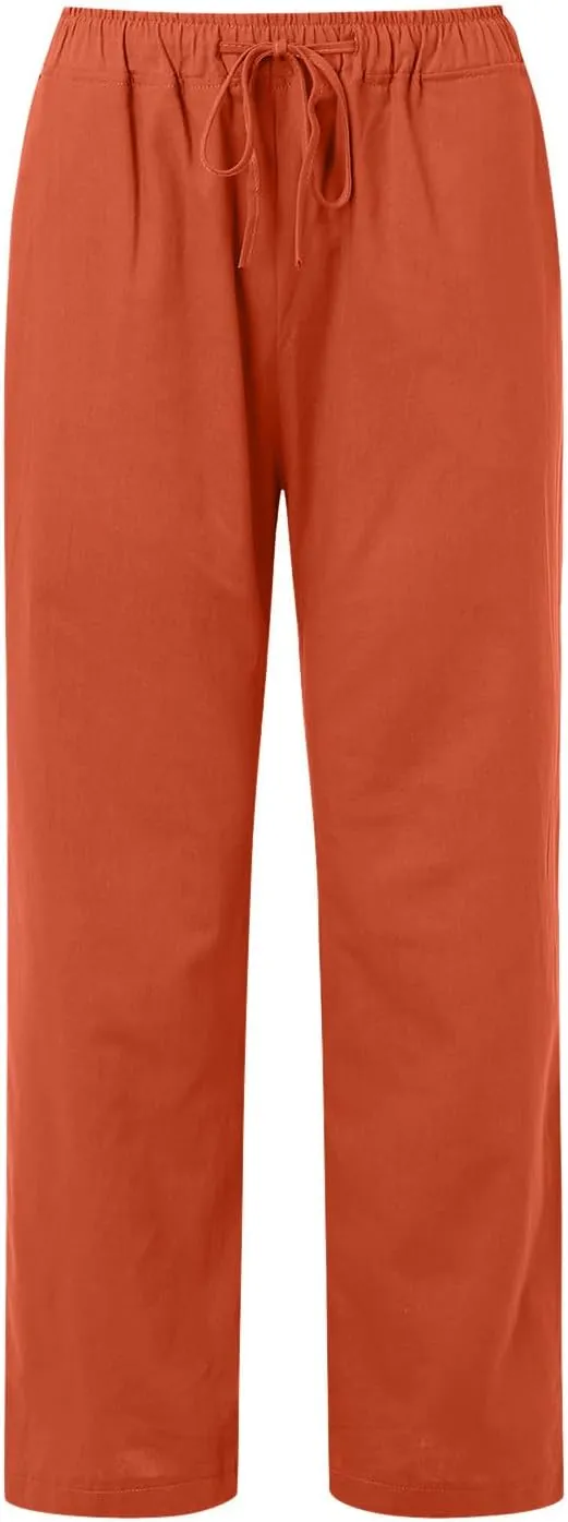 Womens Linen Pants Casual Summer Loose Fit Solid Color Boho Plus Size High Waist Linen Pants Cotton Comfy Lounge Trousers