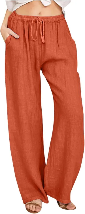 Womens Linen Pants Casual Summer Loose Fit Solid Color Boho Plus Size High Waist Linen Pants Cotton Comfy Lounge Trousers