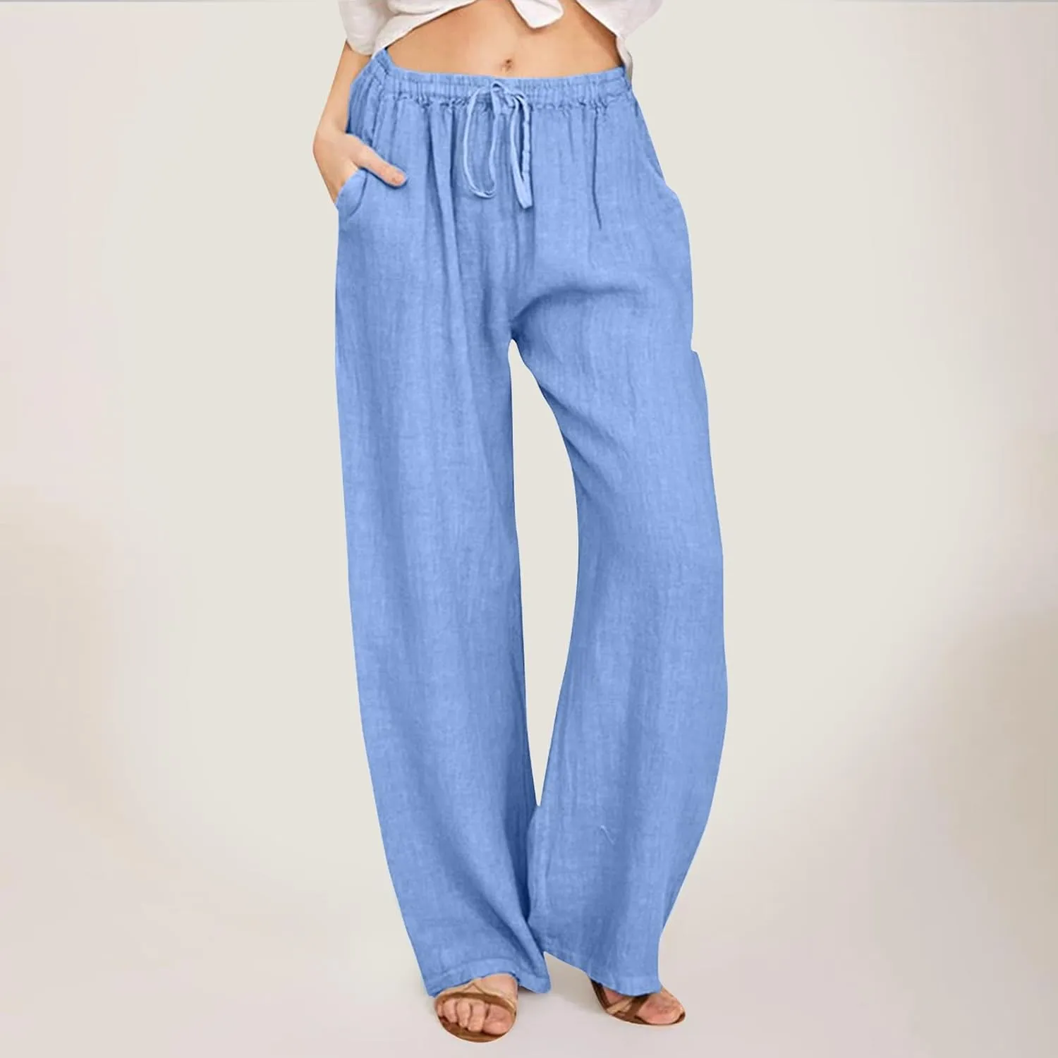 Womens Linen Pants Casual Summer Loose Fit Solid Color Boho Plus Size High Waist Linen Pants Cotton Comfy Lounge Trousers