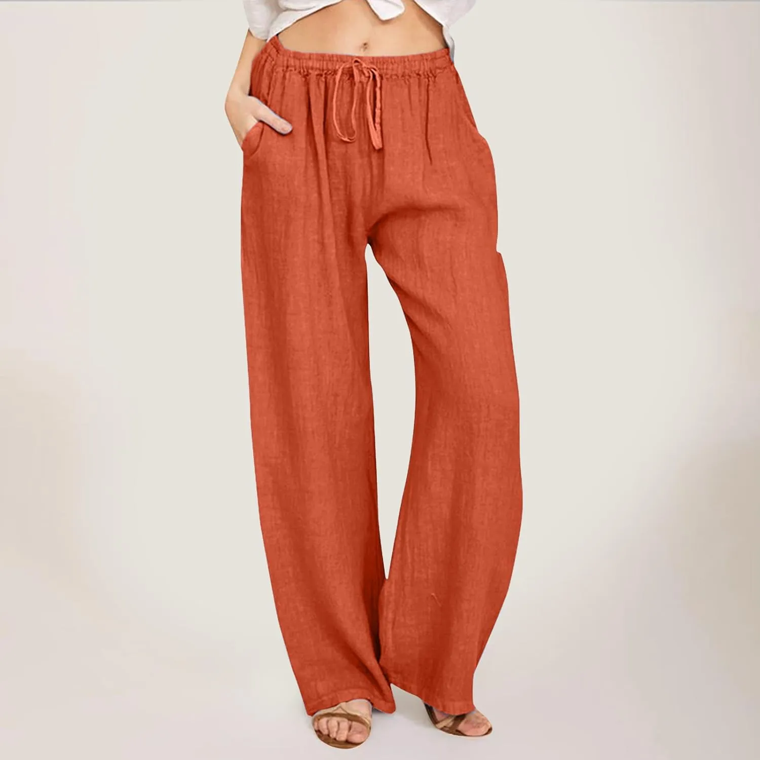 Womens Linen Pants Casual Summer Loose Fit Solid Color Boho Plus Size High Waist Linen Pants Cotton Comfy Lounge Trousers
