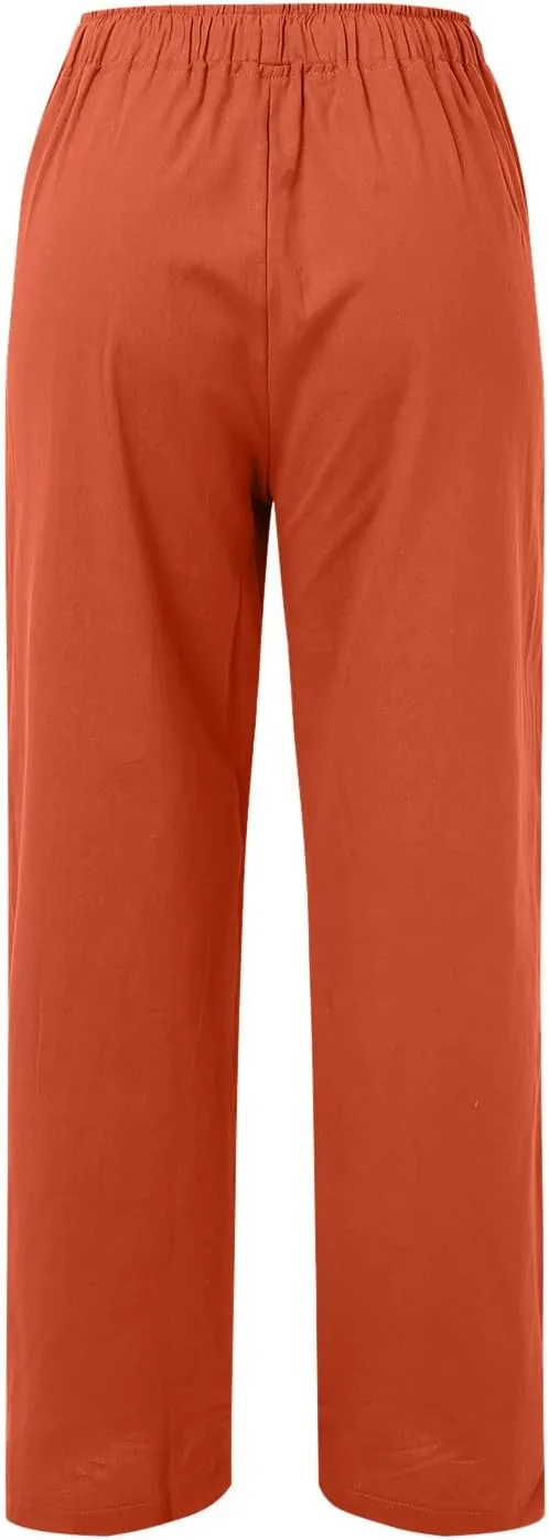 Womens Linen Pants Casual Summer Loose Fit Solid Color Boho Plus Size High Waist Linen Pants Cotton Comfy Lounge Trousers