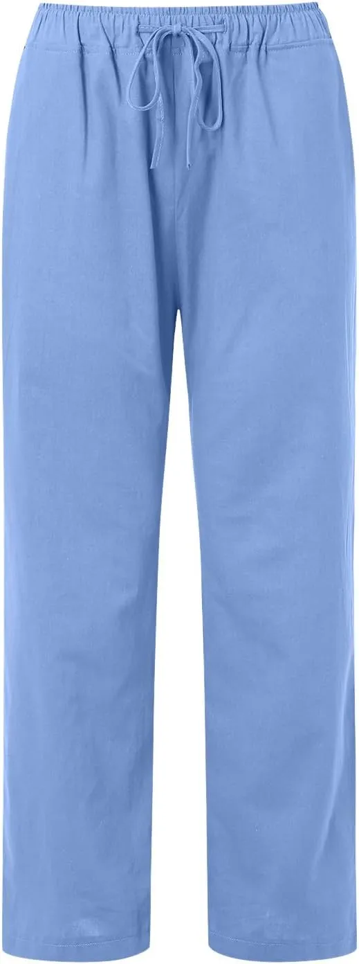 Womens Linen Pants Casual Summer Loose Fit Solid Color Boho Plus Size High Waist Linen Pants Cotton Comfy Lounge Trousers