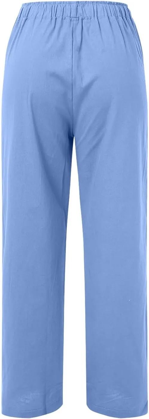 Womens Linen Pants Casual Summer Loose Fit Solid Color Boho Plus Size High Waist Linen Pants Cotton Comfy Lounge Trousers