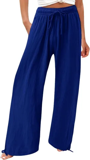 Women's Summer Drawstring Waist Trousers Wide Leg Loose Cotton Linen Palazzo Pants High Waist Adjustable Trousers