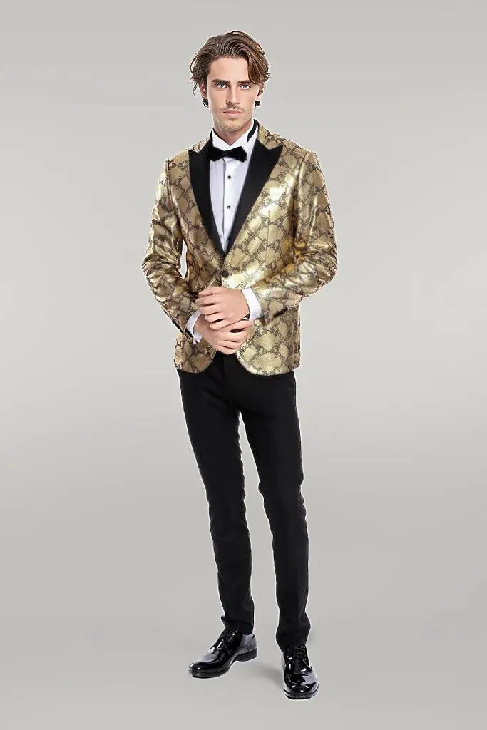 WSS Patterned Slim Fit Gold Men Prom Blazer  - Singen