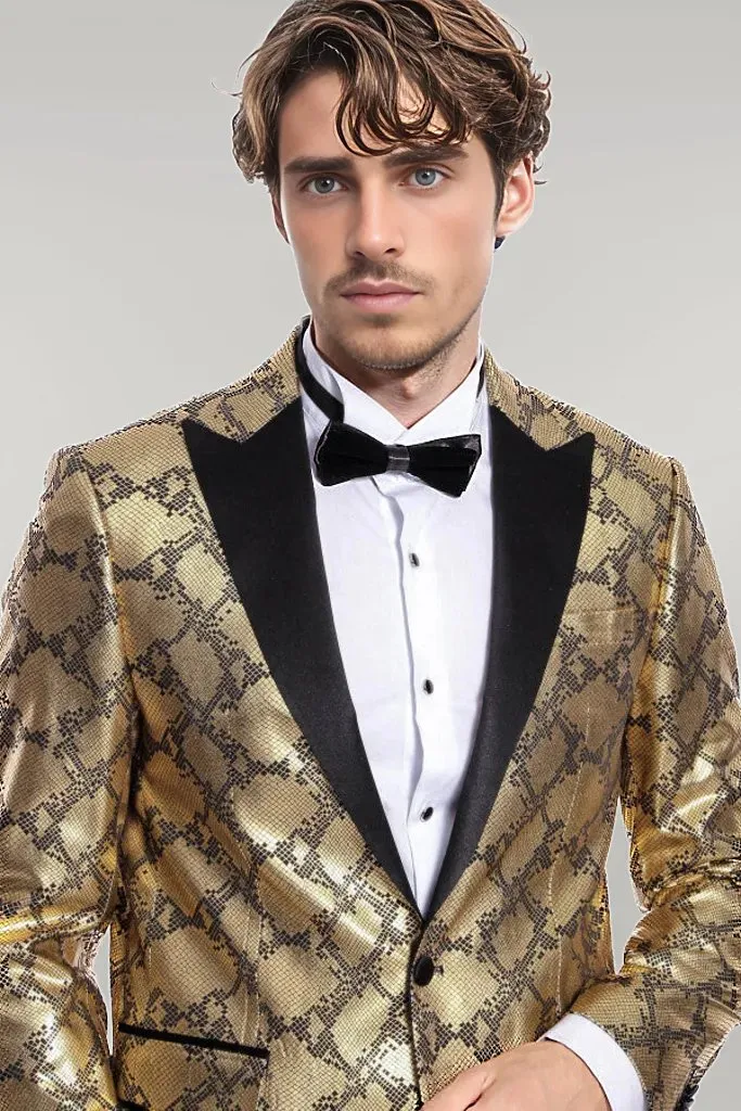 WSS Patterned Slim Fit Gold Men Prom Blazer  - Singen